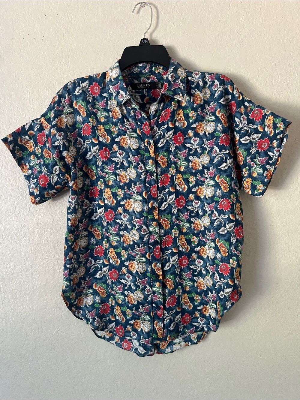 EUC LAUREN RALPH LAUREN Linen Floral Short-Sleeve Button-Down Shirt in S